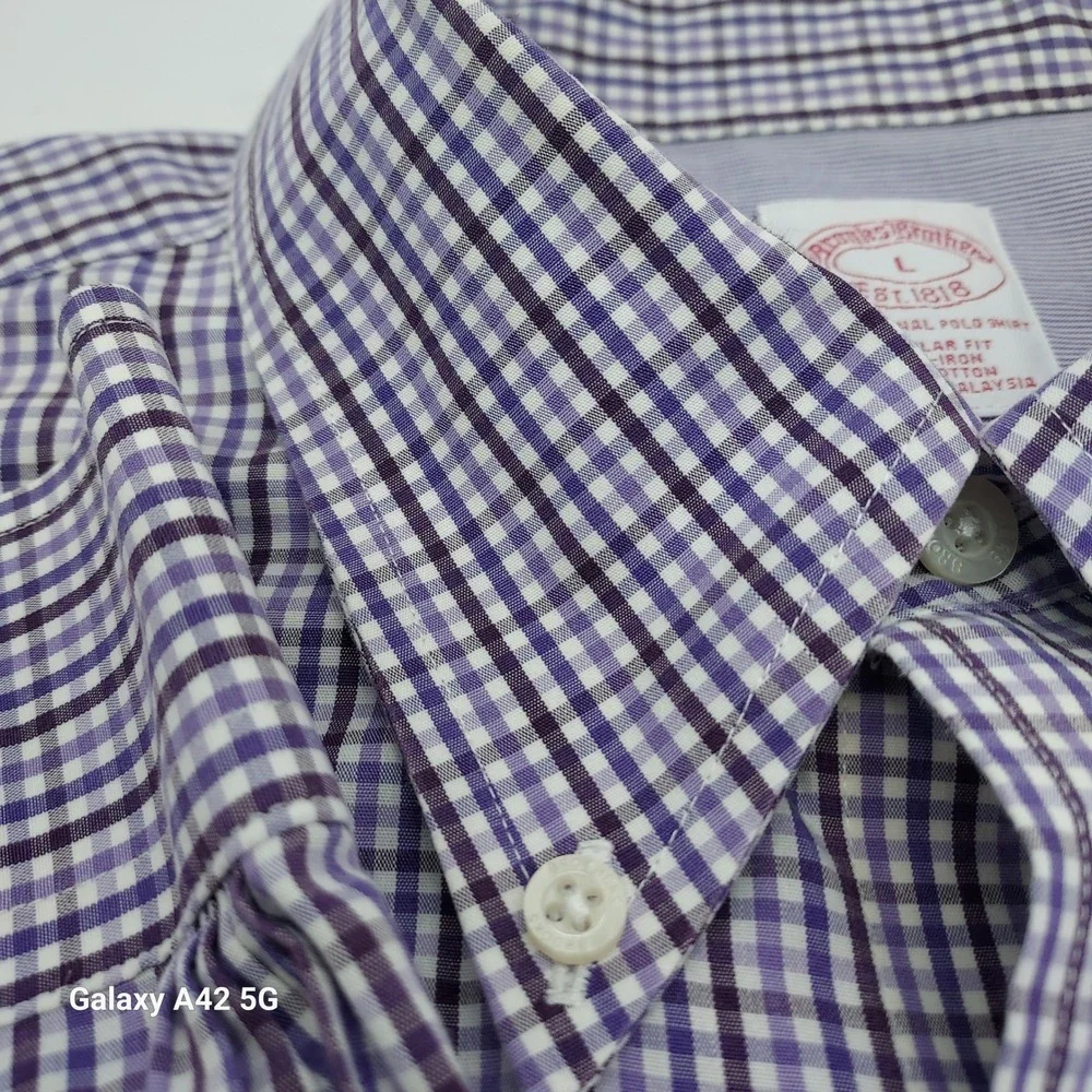 Brooks Brothers Mens Regular Fit Non-Iron Gingham Check Shirt Purple White Large